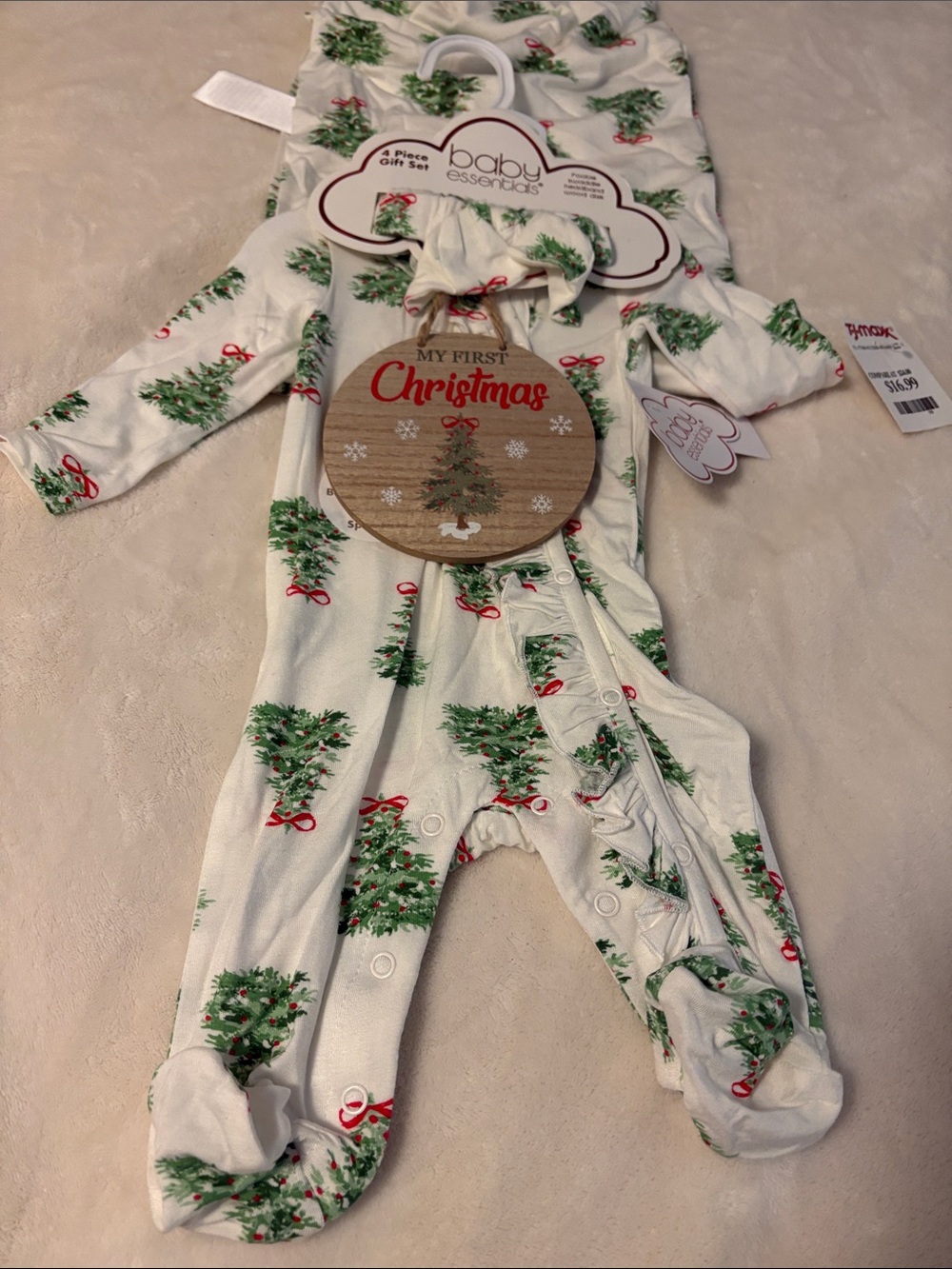 Baby Essentials White Footed One-Piece with Green Christmas Tree Print
